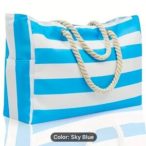 Beach Tote Bag Sky Blue Large Capacity Zippered Waterproof with Rope Handles